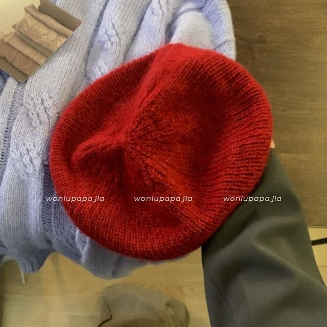 Plain Mohair Beret Hat - Red / One Size