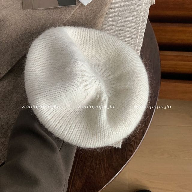 Plain Mohair Beret Hat - White / One Size