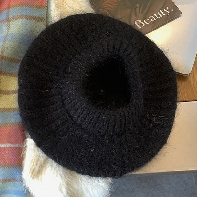 Plain Mohair Knit Beret Hat - Black / One Size