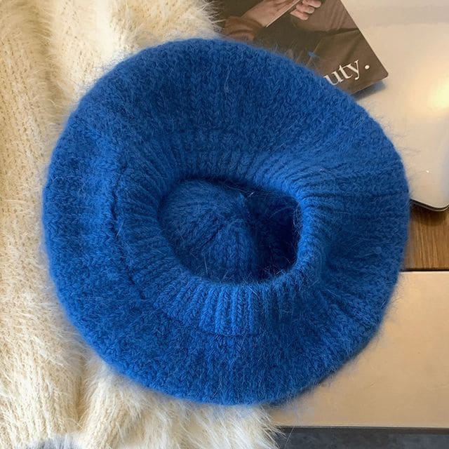 Plain Mohair Knit Beret Hat - Blue / One Size