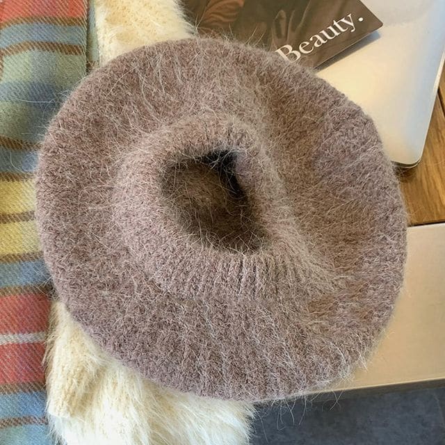 Plain Mohair Knit Beret Hat - Camel / One Size