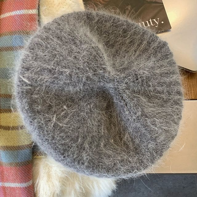 Plain Mohair Knit Beret Hat - Gray / One Size