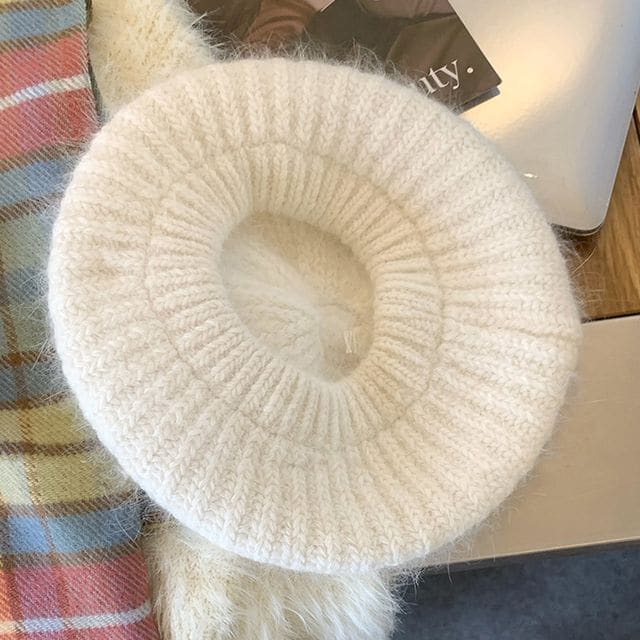 Plain Mohair Knit Beret Hat - White / One Size