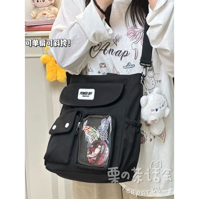 Plain Multi-Pocket Crossbody Tote Bag - With Cat - Black