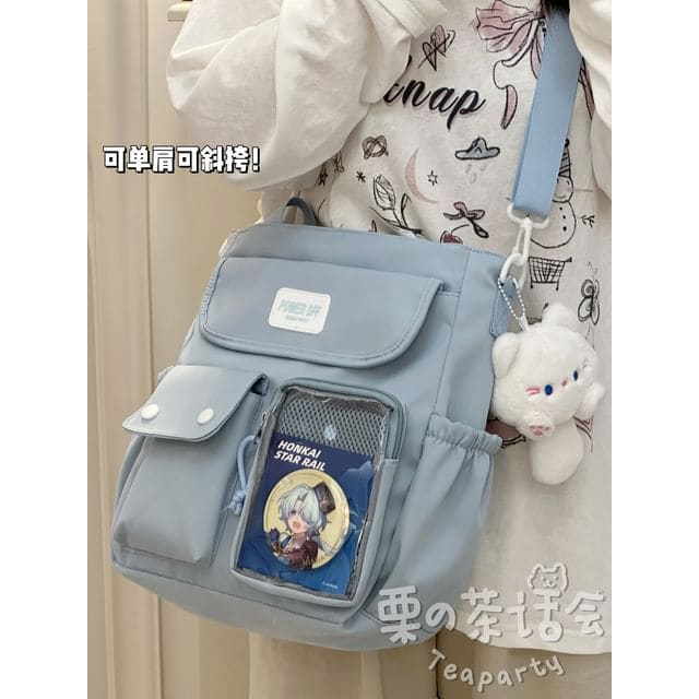 Plain Multi-Pocket Crossbody Tote Bag - With Cat - Blue