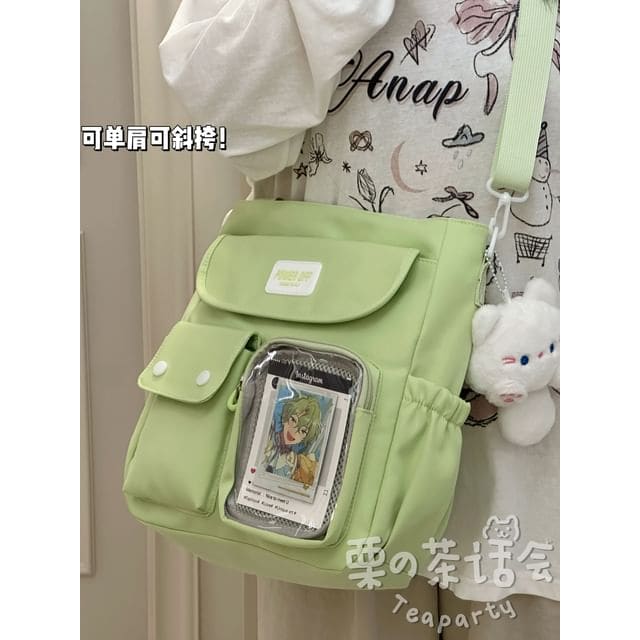 Plain Multi-Pocket Crossbody Tote Bag - With Cat - Green