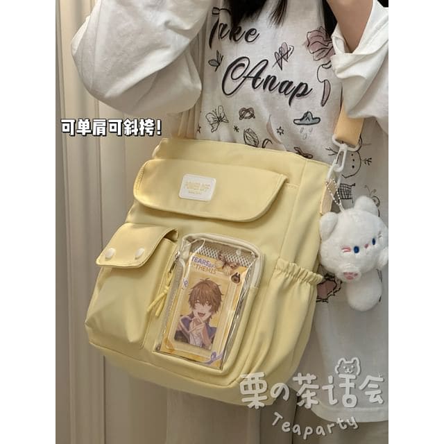 Plain Multi-Pocket Crossbody Tote Bag - With Cat - Yellow