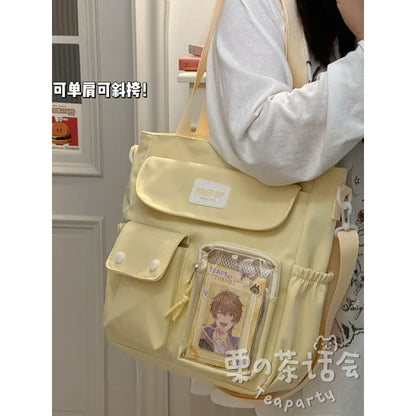 Plain Multi-Pocket Crossbody Tote Bag - Yellow / One Size