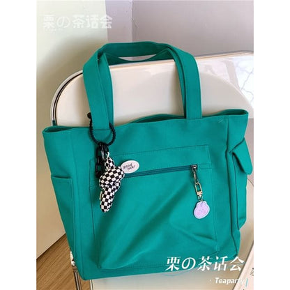 Plain Multi-Pocket Tote Bag - With Knotted Charm - Aqua