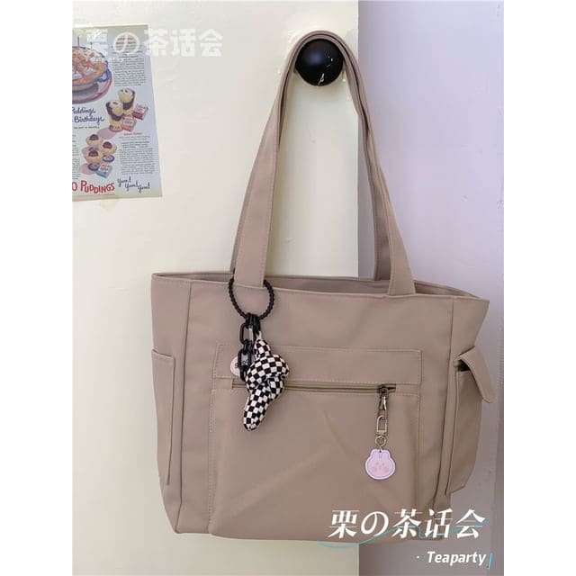 Plain Multi-Pocket Tote Bag - With Knotted Charm - Khaki