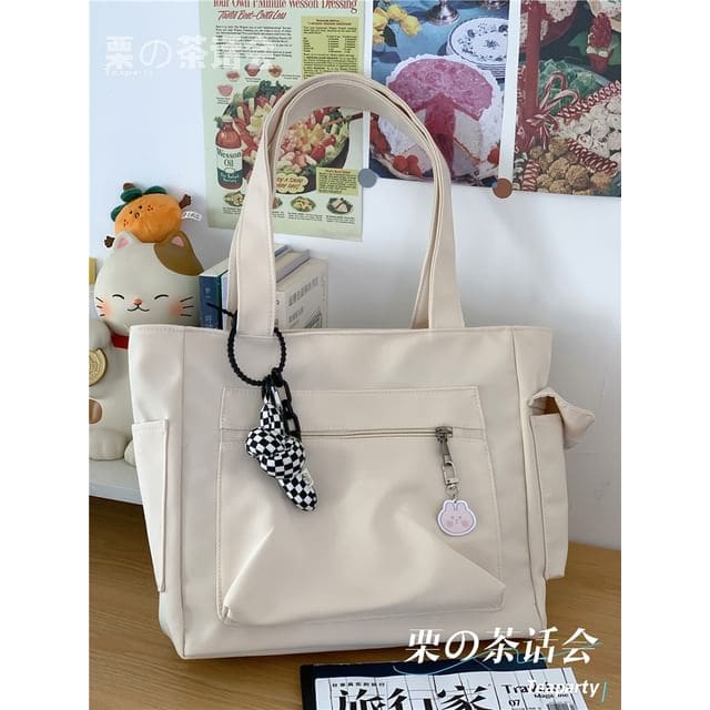 Plain Multi-Pocket Tote Bag - With Knotted Charm