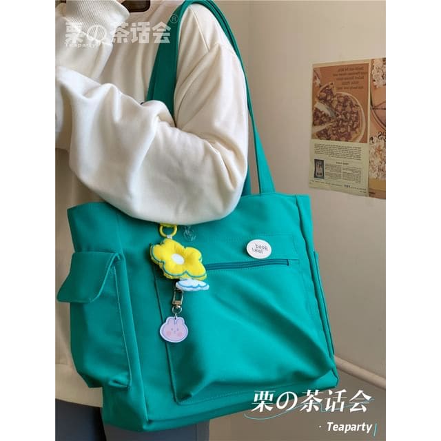 Plain Multi-Pocket Tote Bag - With Yellow Flower Charm