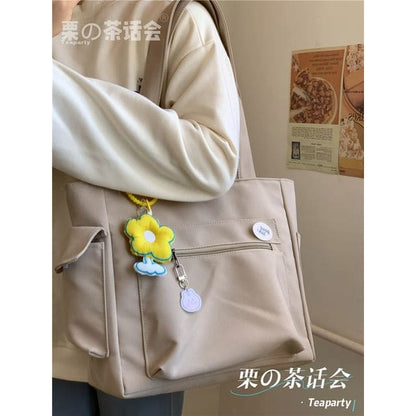 Plain Multi-Pocket Tote Bag - With Yellow Flower Charm