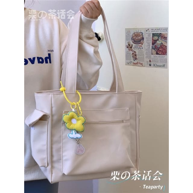 Plain Multi-Pocket Tote Bag - With Yellow Flower Charm