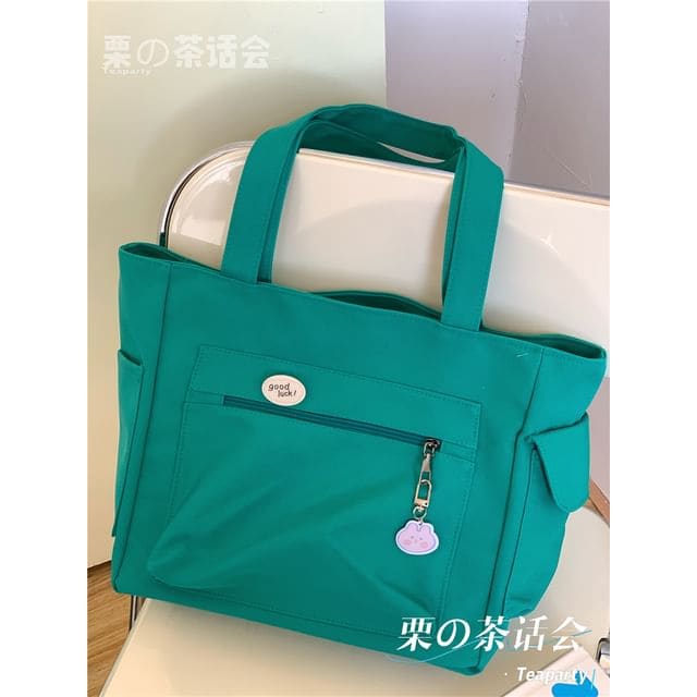 Plain Multi-Pocket Tote Bag - Without Charm - Aqua Green