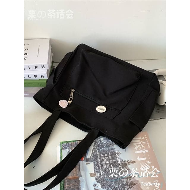 Plain Multi-Pocket Tote Bag - Without Charm - Black