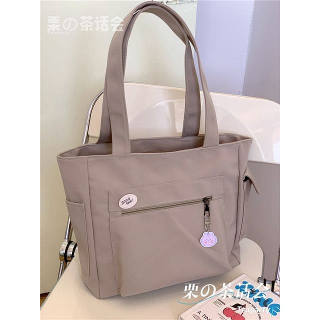 Plain Multi-Pocket Tote Bag - Without Charm - Khaki