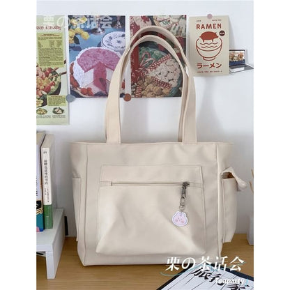 Plain Multi-Pocket Tote Bag - Without Charm - Off-White