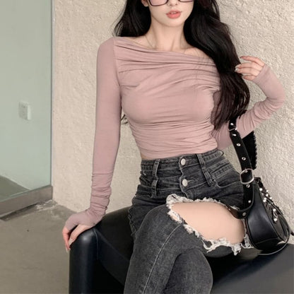 Plain Off Shoulder Pleated Knit Top