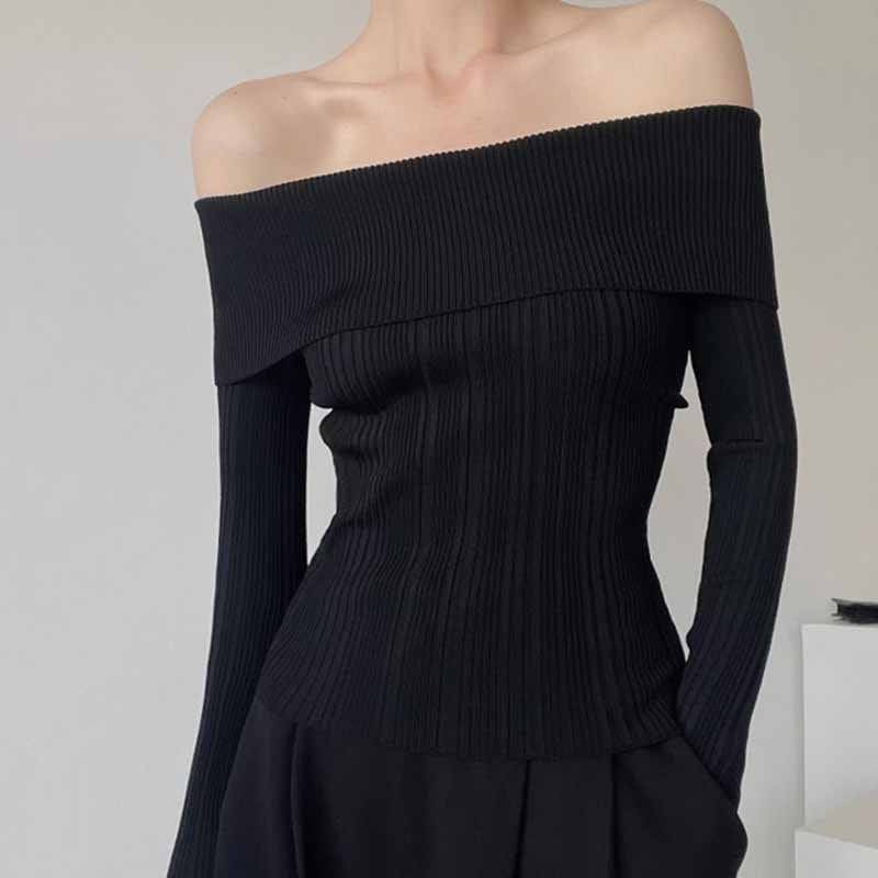 Plain Off Shoulder Ribbed Sweater