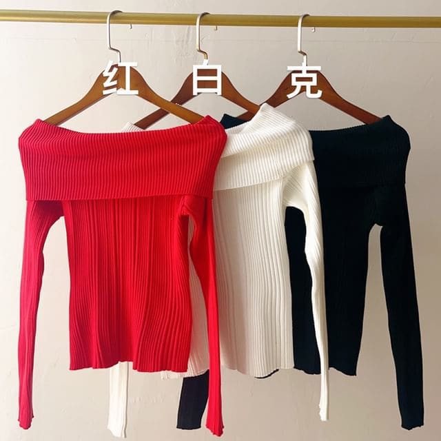 Plain Off Shoulder Ribbed Sweater - Red / One Size