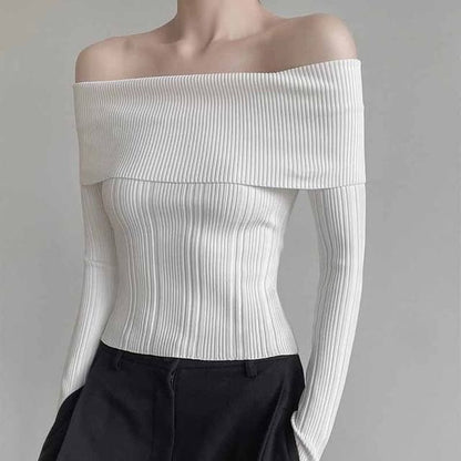 Plain Off Shoulder Ribbed Sweater - White / One Size