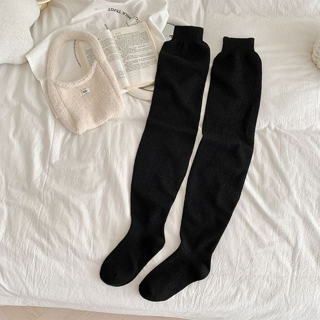 Plain Over the Knee Socks - Black / One Size