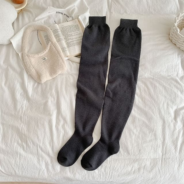 Plain Over the Knee Socks - Dark Gray / One Size