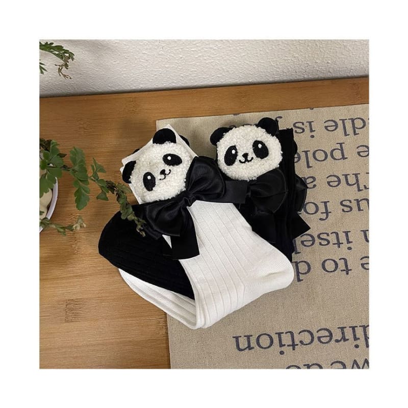 Plain Panda Bow Socks - White / One Size