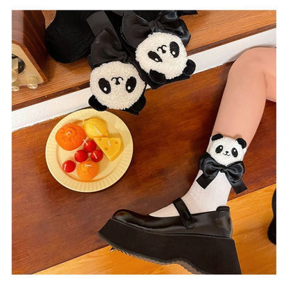 Plain Panda Bow Socks - White / One Size