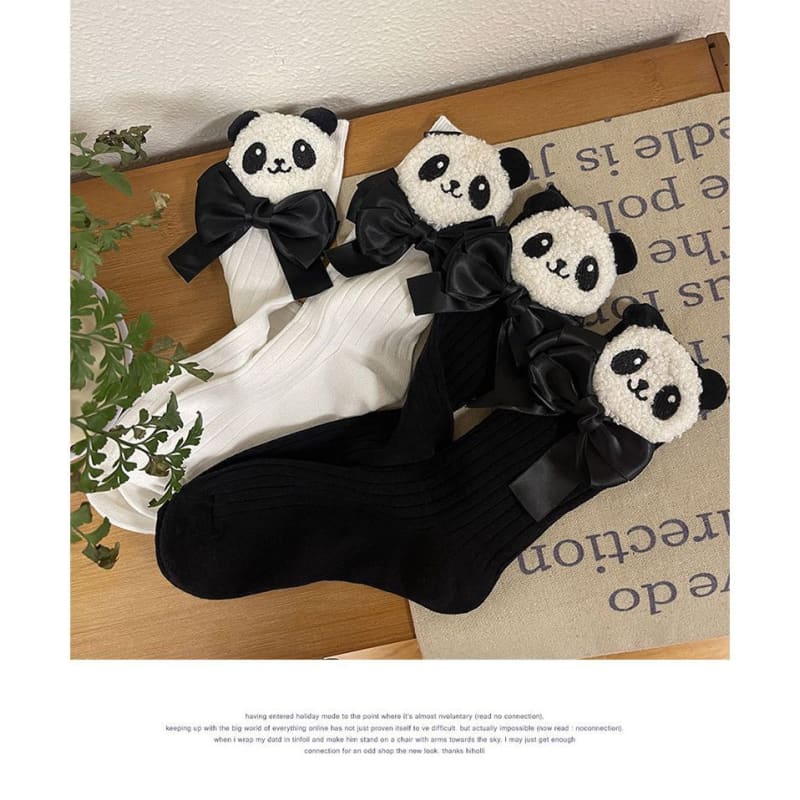 Plain Panda Bow Socks - White / One Size