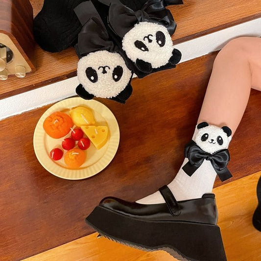 Plain Panda Bow Socks - White / One Size