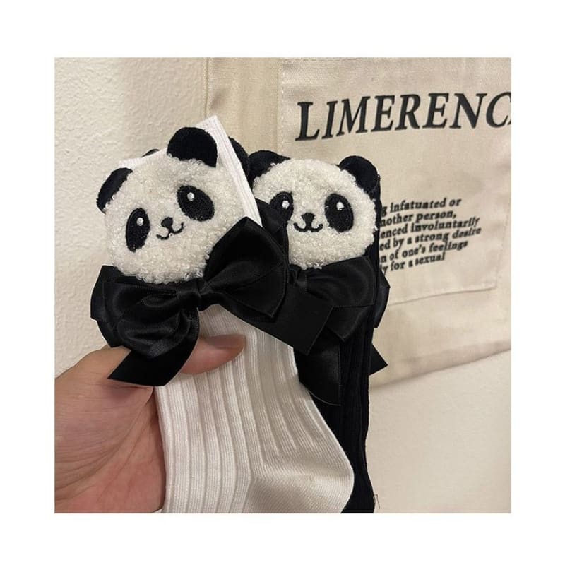 Plain Panda Bow Socks - White / One Size