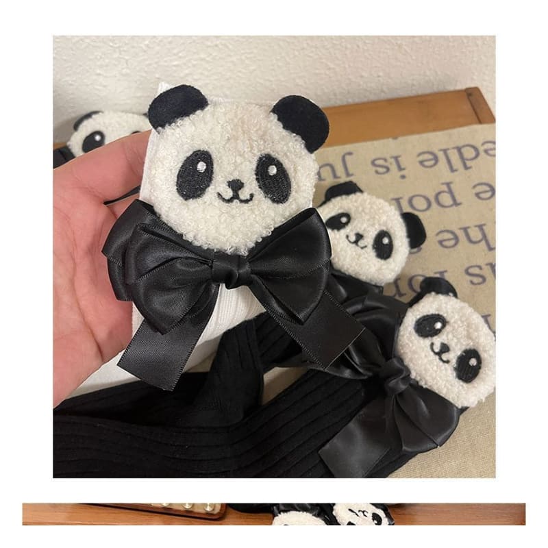 Plain Panda Bow Socks - White / One Size