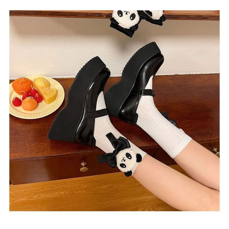 Plain Panda Bow Socks - White / One Size