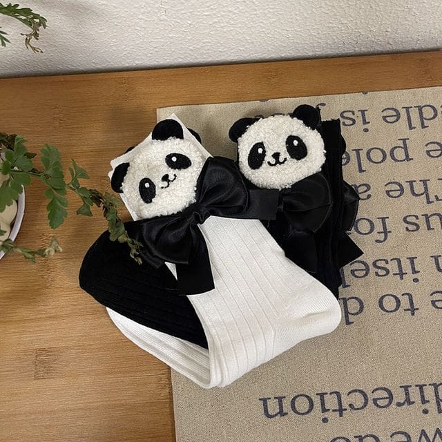 Plain Panda Bow Socks - White / One Size