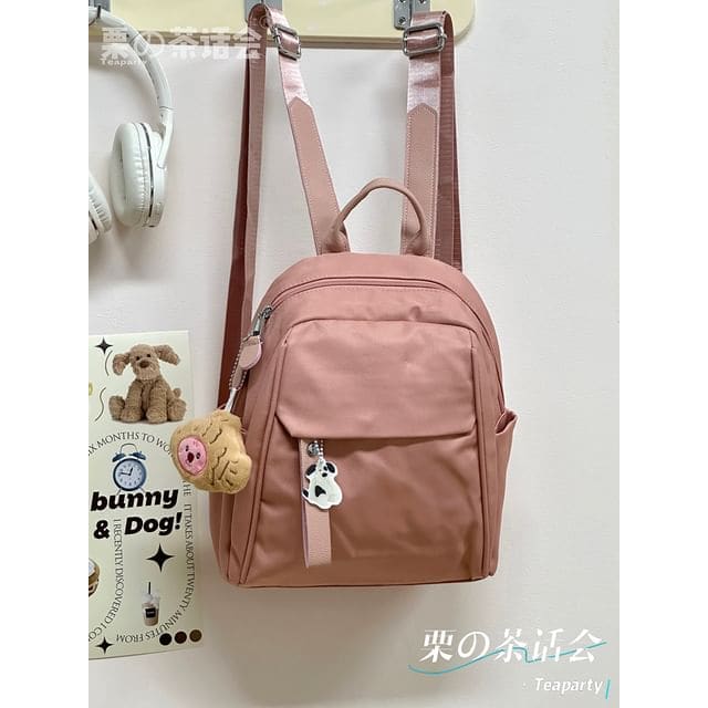 Plain Panel Backpack - With Fish Charm - Pink / One Size