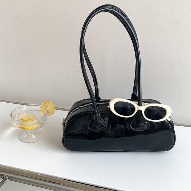 Plain Patent Leather Shoulder Bag - Black / One Size