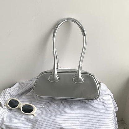 Plain Patent Leather Shoulder Bag - Silver / One Size