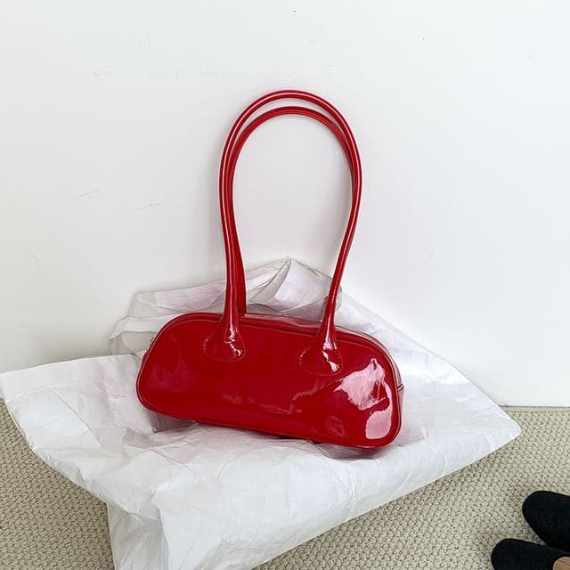 Plain Patent Leather Shoulder Bag - Wine Red / One Size