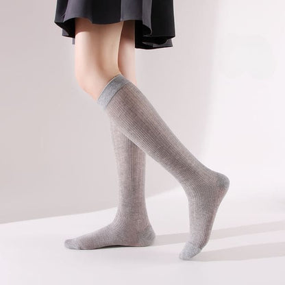 Plain Perforated Knee High Socks - Gray / One Size