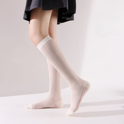 Plain Perforated Knee High Socks - Nude / One Size