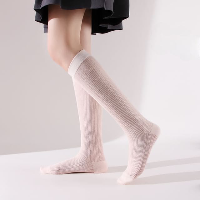 Plain Perforated Knee High Socks - Pink / One Size