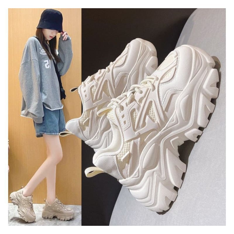 Plain Platform Panel Mesh Sneakers