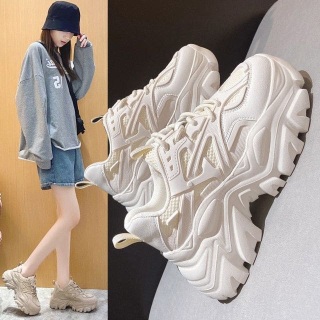 Plain Platform Panel Mesh Sneakers