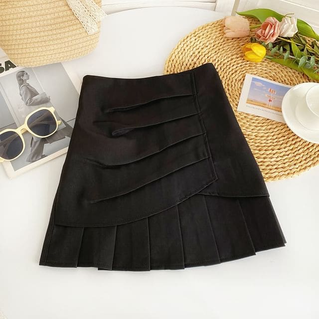 Plain Pleated A-Line Skirt - Black / S