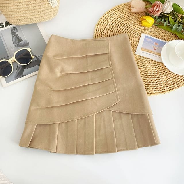 Plain Pleated A-Line Skirt - Khaki / S