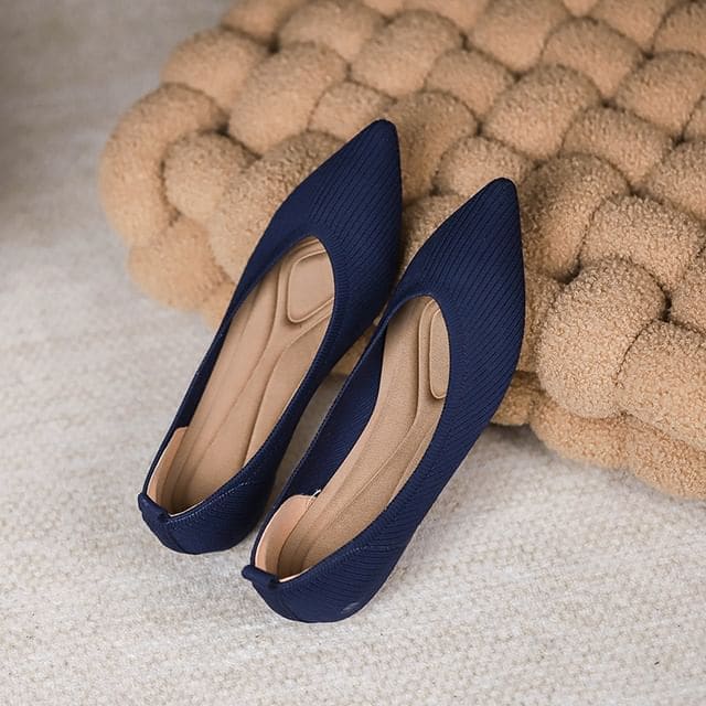 Plain Pointed Fabric Flats - Navy Blue / 34