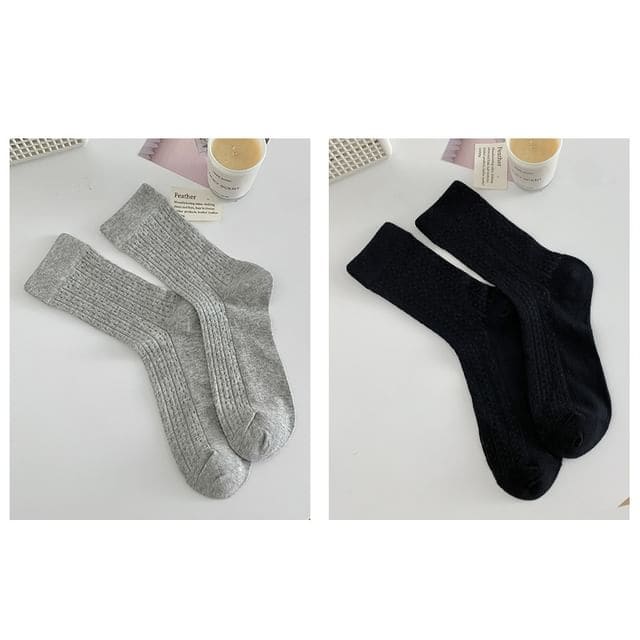 Plain Pointelle Knit Socks / Set - Set of 2 Pairs - Gray &