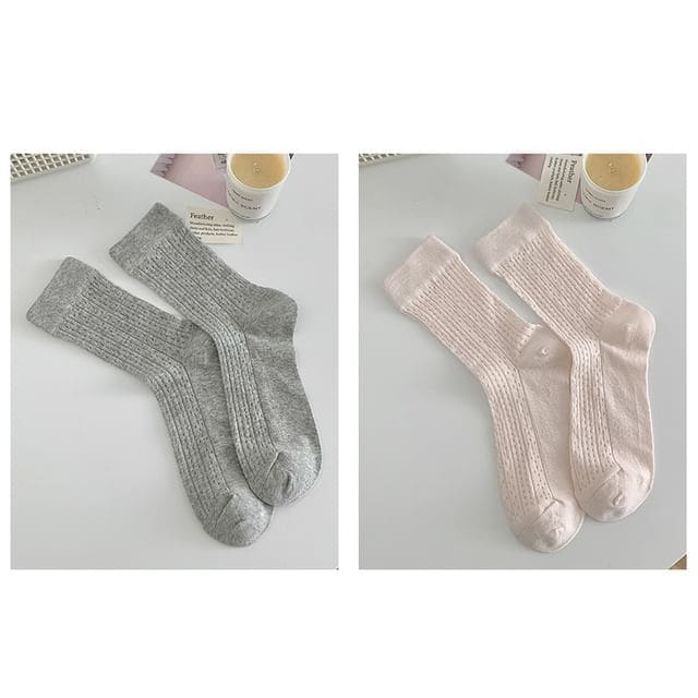 Plain Pointelle Knit Socks / Set - Set of 2 Pairs - Gray &